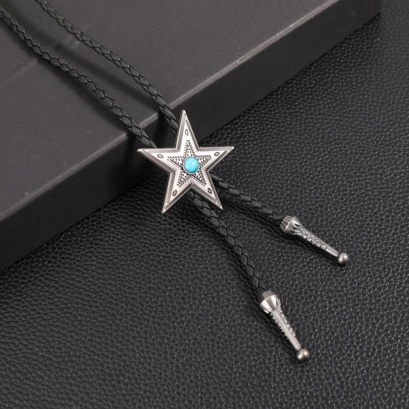 FGSS Vintage Turquoise Bolo Tie For Men - Western Cowboy Colored Oval Bola Necktie Retro Leather Necklace for Men Women - Image 3